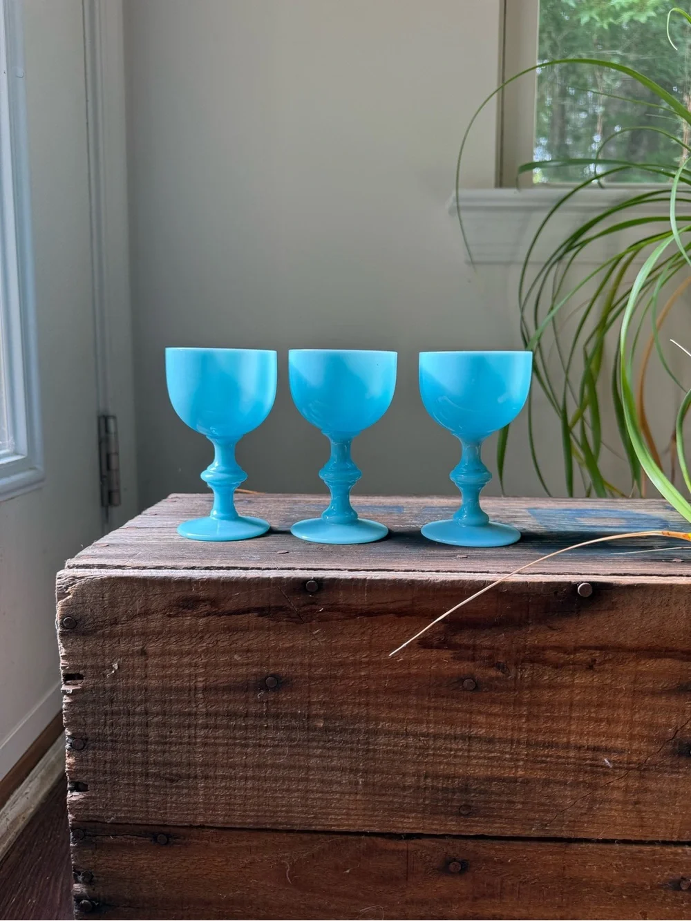 VINTAGE PORTIEUX VALLERYSTHAL BLUE OPALINE WINE GLASSES